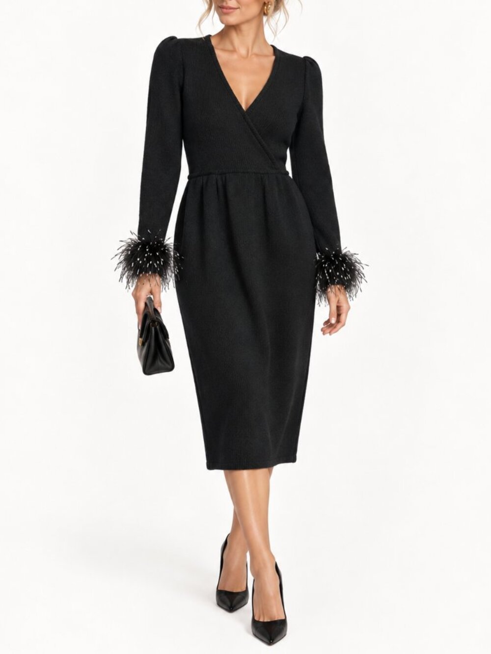 Vintage MacHugh Black Knit Feather Cuff Cocktail Dress with Pockets